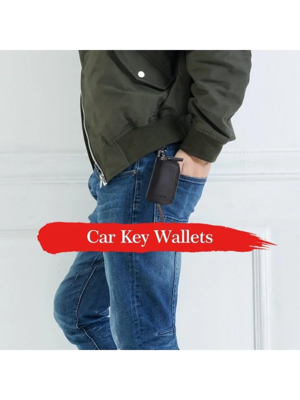 Stylish Small Leather Double Zipper Key Holder Case with 4 Keyrings - Key